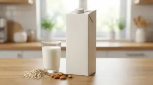 Bicchiere di latte vegetale accanto a un cartone, fiocchi d'avena e mandorle su un tavolo