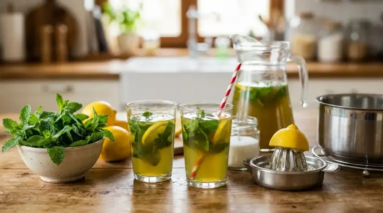 Bicchieri e caraffa di bevanda digestiva alla menta e limone su tavolo, con foglie di menta e spremiagrumi