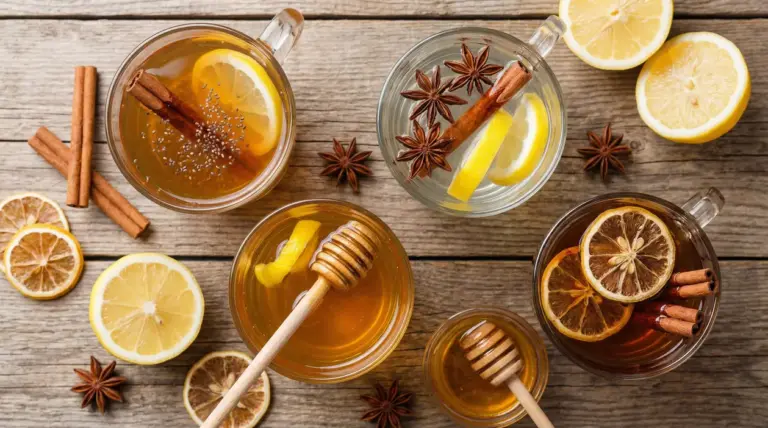 Tazze di bevande calde con limone, cannella, miele e anice su tavolo in legno