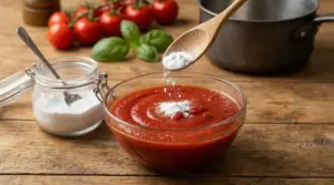 Cucchiaio con bicarbonato di sodio sopra una ciotola di passata di pomodoro