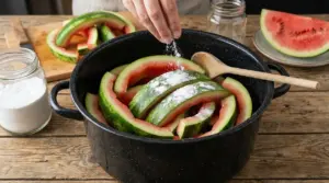 Persona che cosparge bicarbonato sulle bucce di anguria in una pentola, su un tavolo di legno