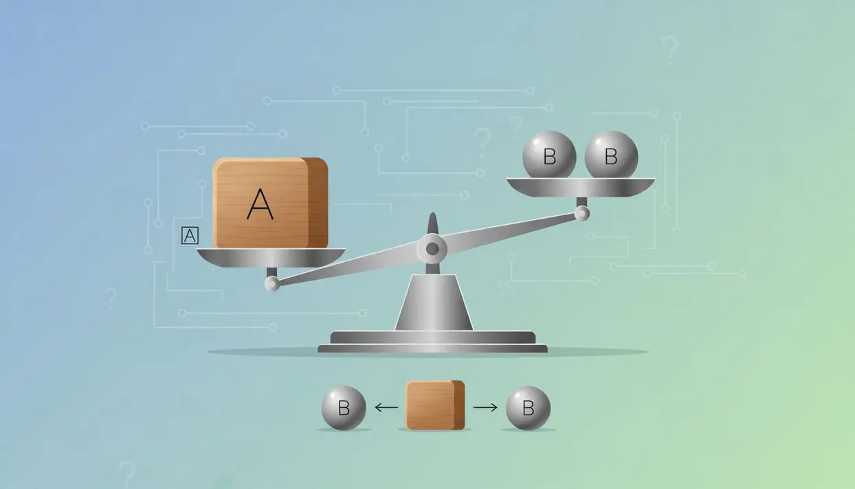 Illustrazione di una bilancia con un cubo A e due sfere B per un test logico