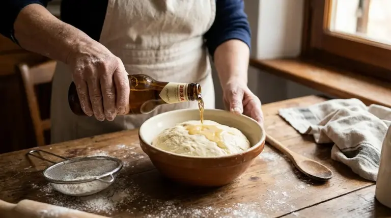 Persona versa birra sull’impasto in una ciotola, durante la preparazione del pane in cucina