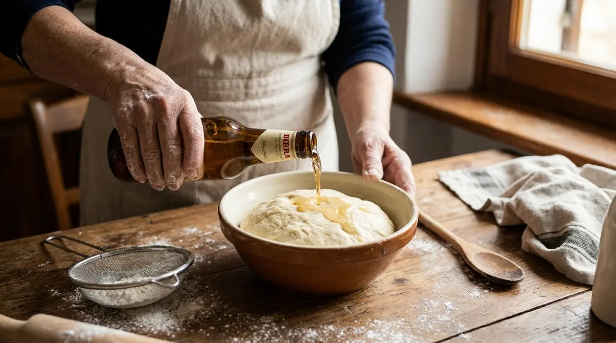 Persona versa birra sull’impasto in una ciotola, durante la preparazione del pane in cucina
