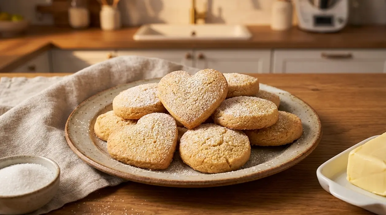 Piatto di biscotti al burro friabili, alcuni a cuore, spolverati di zucchero a velo su un tavolo in cucina