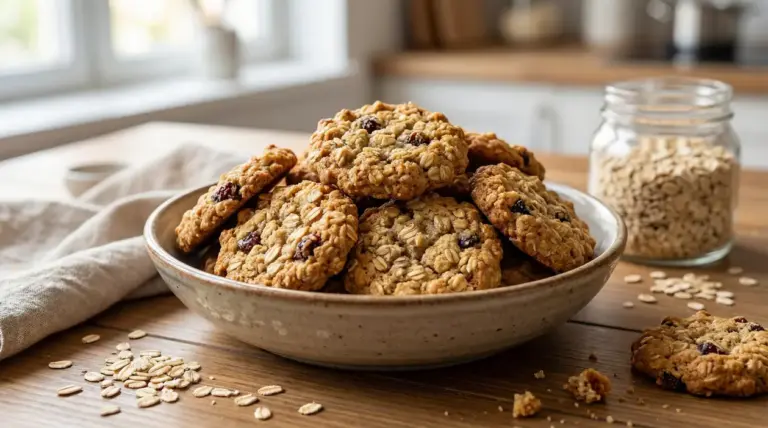 Biscotti all'avena con uvetta serviti in una ciotola su un tavolo di legno