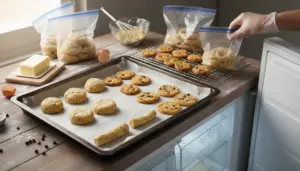 Biscotti appena sfornati e porzioni di impasto in sacchetti richiudibili, pronti da congelare su un piano di cucina