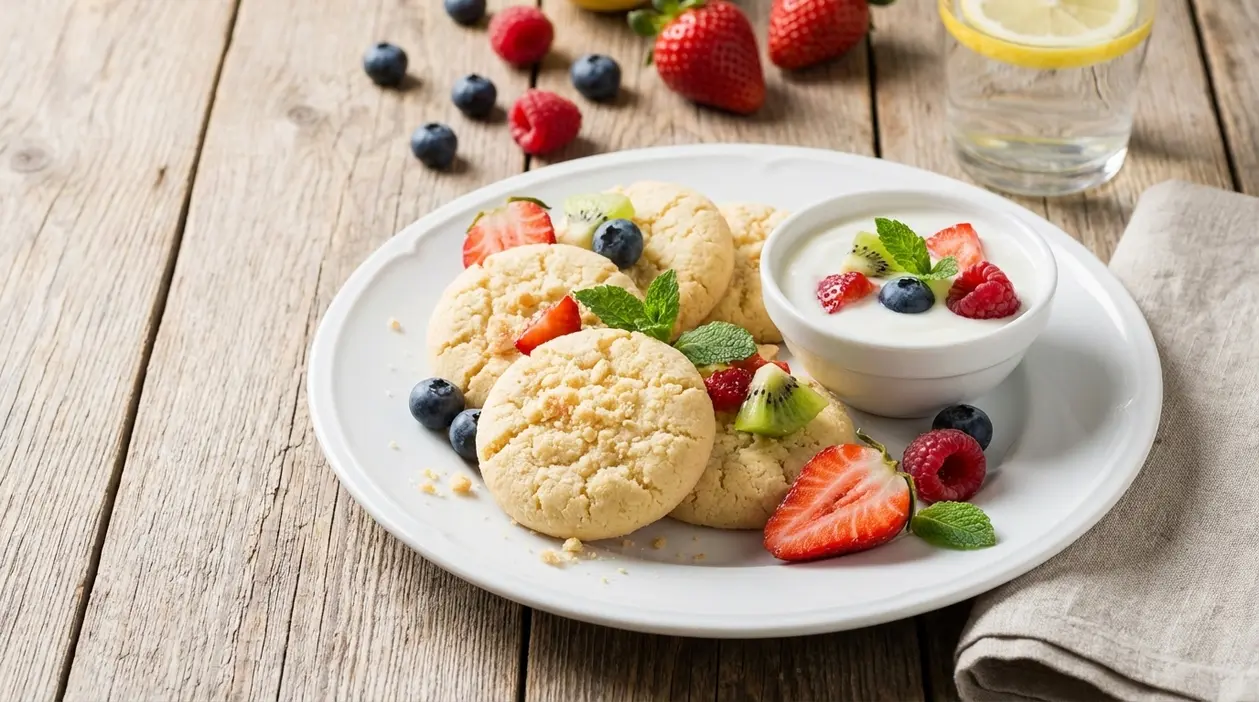 Biscotti light su piatto con frutti di bosco, kiwi, foglie di menta e ciotolina di yogurt su tavolo in legno