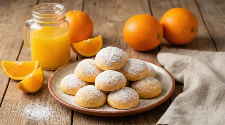 Biscotti morbidi all’arancia senza burro su un piatto con succo di arancia e frutti accanto