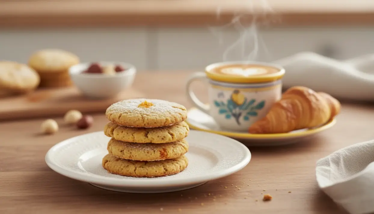 Pila di biscotti speziati su piatto bianco, con tazza di cappuccino fumante e cornetto sullo sfondo