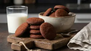 Biscottini al cacao disposti su un tagliere con un bicchiere di latte e una ciotola in ceramica