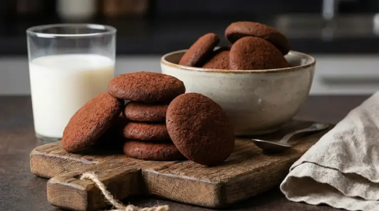 Biscottini al cacao disposti su un tagliere con un bicchiere di latte e una ciotola in ceramica