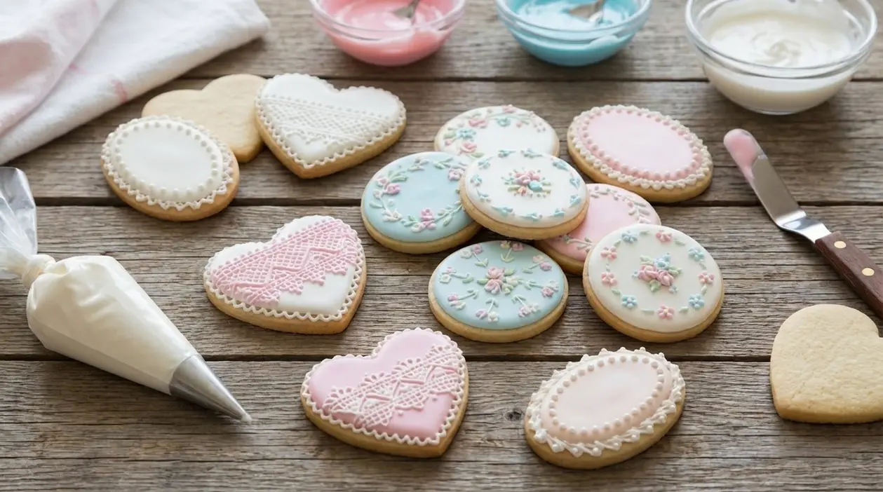 Biscottini decorati con ghiaccia reale in colori pastello su tavolo di legno, con sac à poche e ciotoline di glassa
