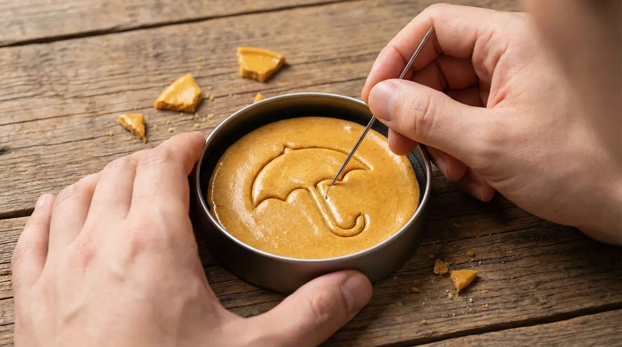 Mani incidono un biscotto dalgona con una forma di ombrello, ispirato alla sfida di Squid Game