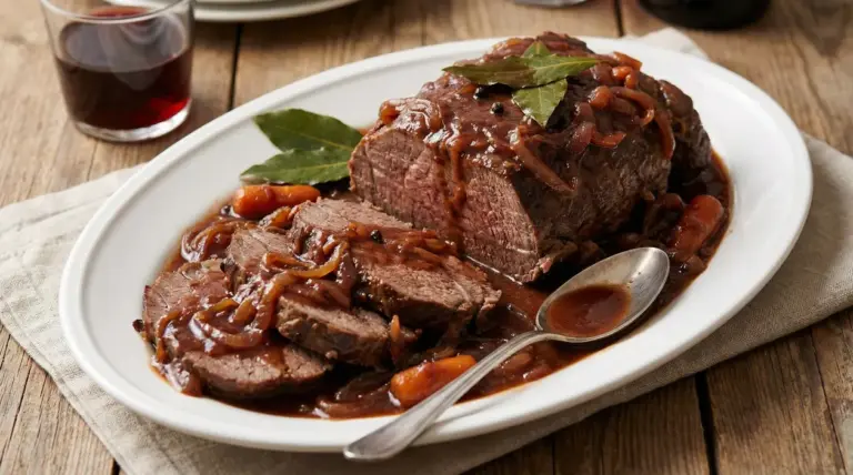 Brasato al vino rosso servito su un piatto bianco con salsa e verdure