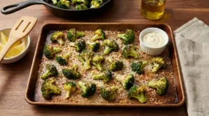 Broccoli al forno croccanti su teglia con pangrattato, formaggio grattugiato e salsa cremosa