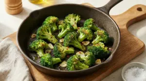 Broccoli saltati in padella con aglio e pepe rosso in una padella di ferro