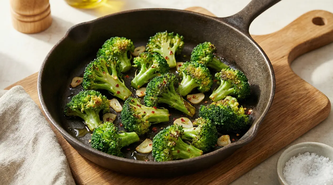 Broccoli saltati in padella con aglio e pepe rosso in una padella di ferro