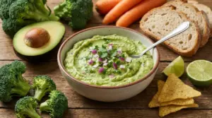 Ciotola di broccomole cremoso con cipolla rossa e coriandolo, con avocado, broccoli, lime e chips su tavolo di legno