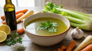 Ciotola di brodo detox con verdure fresche su un tavolo rustico