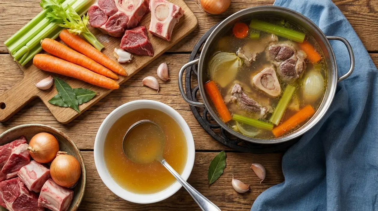 Pentola con brodo di carne, manzo con osso, carote, sedano e cipolle su tavolo rustico