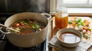 Pentola con brodo vegetale intenso, scarti di verdure in infusione e ciotola di brodo servita sul tavolo