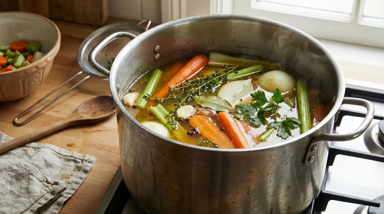 Pentola di brodo vegetale in cottura con carote, sedano, cipolle e erbe aromatiche