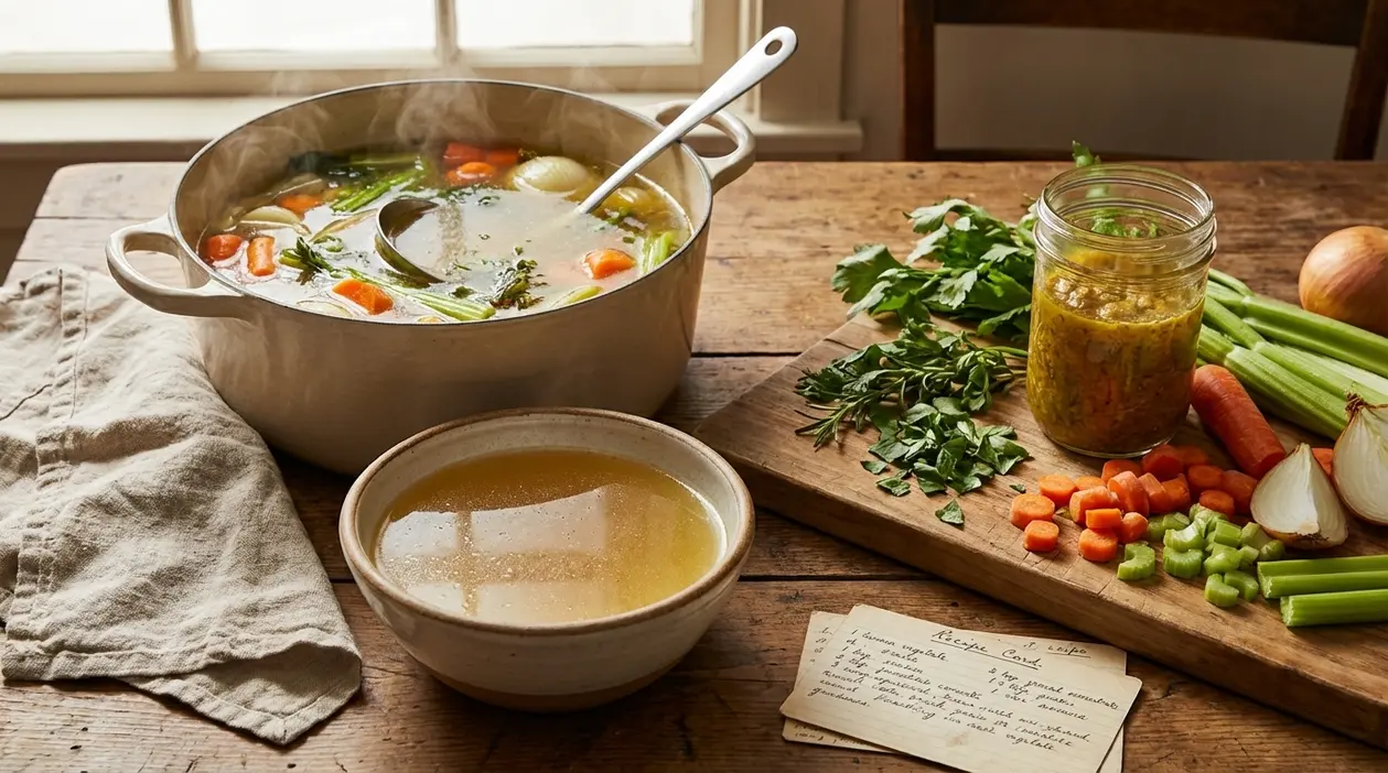 Pentola di brodo vegetale con carote, sedano, cipolla ed erbe aromatiche su tavolo di cucina rustica