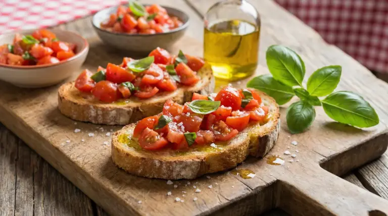 Fette di pane con pomodorini, basilico e olio extravergine su tagliere di legno