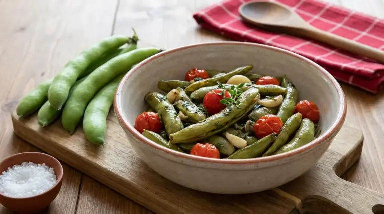 Ciotola di bucce di fave saltate con pomodorini e aglio su tagliere di legno, con fave fresche accanto