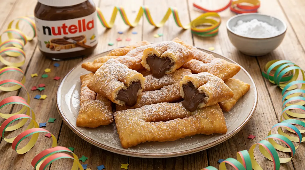 Piatto di bugie ripiene di Nutella spolverate di zucchero a velo su tavolo decorato per Carnevale
