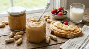 Barattoli di burro di arachidi con pane, banana, frutti di bosco e latte su un tavolo di legno