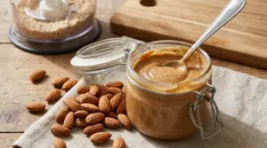 Barattolo di burro di mandorle fatto in casa con cucchiaio, accanto a mandorle intere e tritatutto