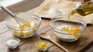Ingredienti per dolci con burro e olio extravergine su un tavolo di legno