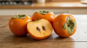 Quattro cachi mela maturi, uno dei quali tagliato a metà su un tavolo di legno