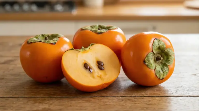 Quattro cachi mela maturi, uno dei quali tagliato a metà su un tavolo di legno