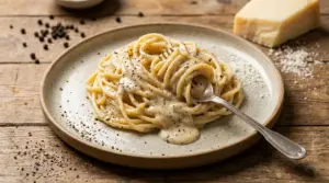 Piatto di spaghetti cacio e pepe con cremina vellutata, pecorino grattugiato e pepe nero su tavolo rustico