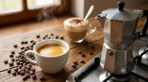 Moka sul fornello e tazza di caffè con crema su tavolo in legno, con chicchi di caffè sparsi