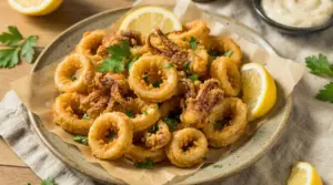 Piatto di calamari fritti croccanti serviti con fette di limone e prezzemolo