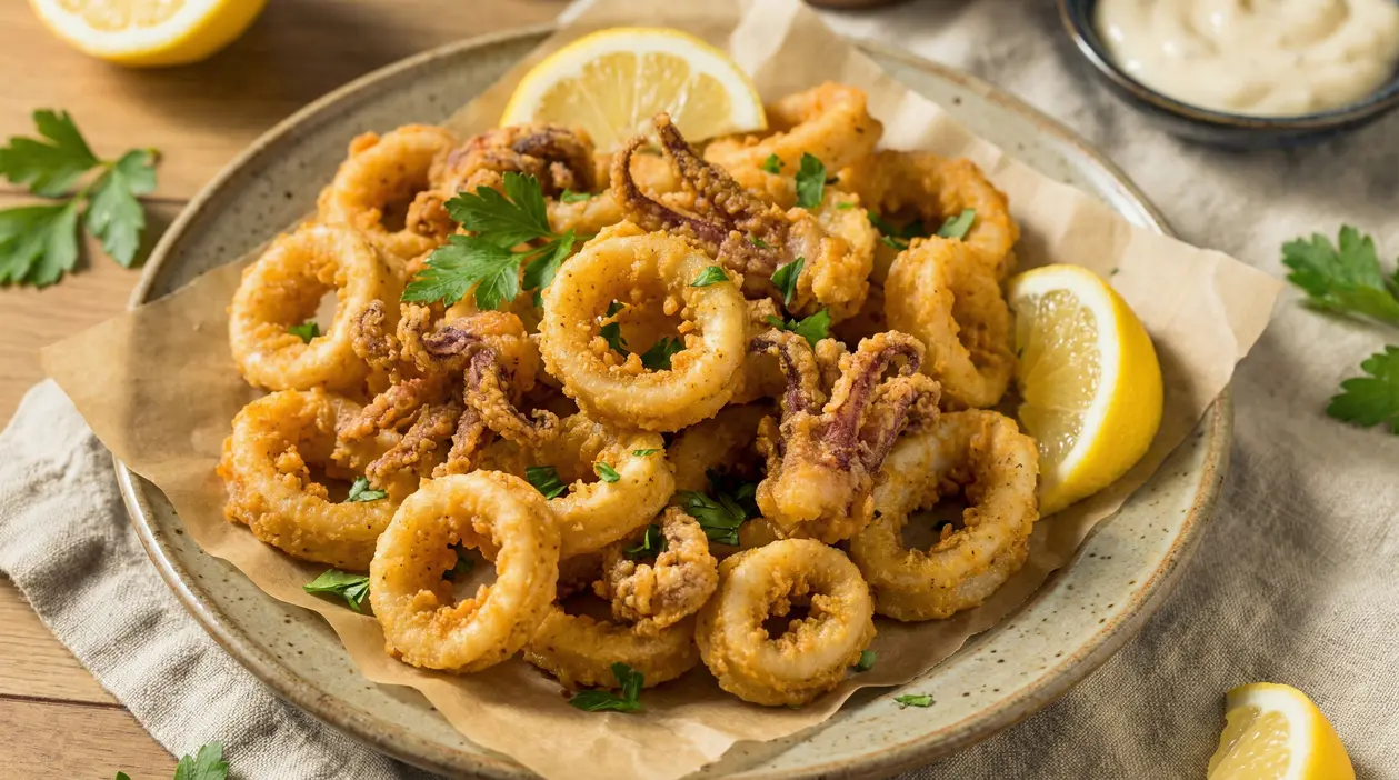 Piatto di calamari fritti croccanti serviti con fette di limone e prezzemolo