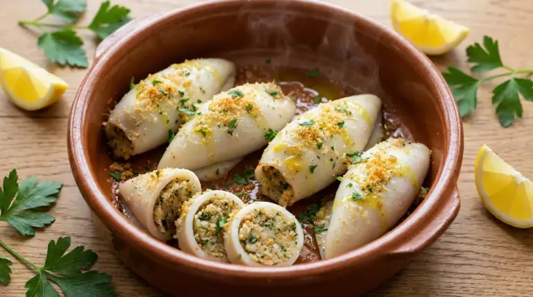 Calamari ripieni al forno serviti in una teglia di terracotta con prezzemolo e spicchi di limone