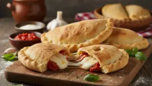 Calzoni ripieni al forno con mozzarella filante su tagliere di legno