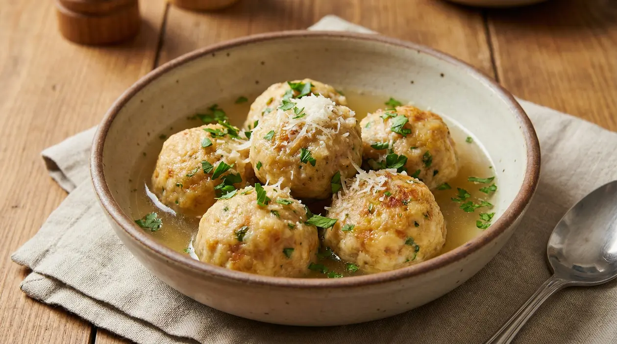 Piatto di canederli serviti in brodo con prezzemolo fresco e formaggio grattugiato