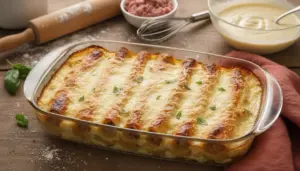 Cannelloni ripieni di carne al forno con besciamella in teglia di vetro su tavolo rustico