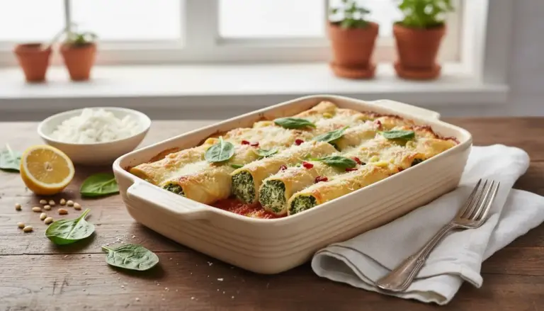 Cannelloni vegetariani con ripieno di ricotta e spinaci in una teglia da forno su un tavolo rustico