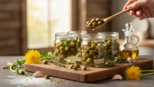 Barattoli di capperi di tarassaco su un tagliere con aglio, timo e olio d'oliva