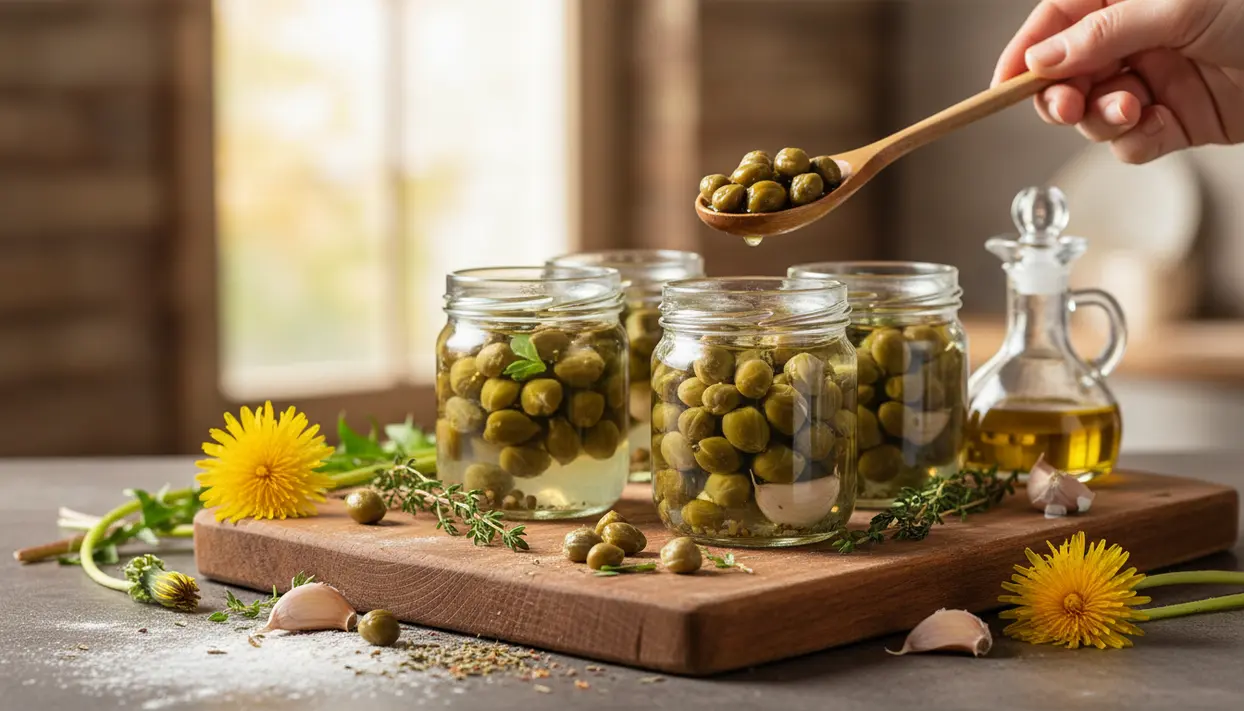 Barattoli di capperi di tarassaco su un tagliere con aglio, timo e olio d'oliva