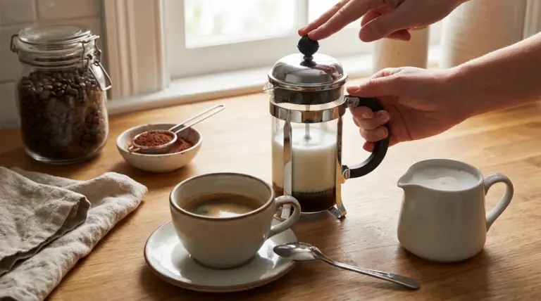 Mani che montano il latte con una French press accanto a una tazza di caffè per fare il cappuccino a casa