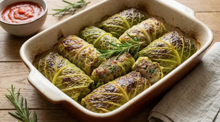 Capunet cotti al forno in una teglia con contorno di salsa di pomodoro