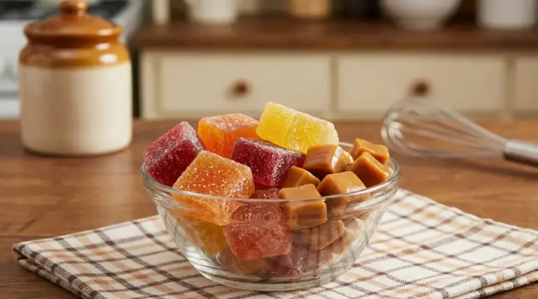 Ciotola di caramelle fatte in casa colorate e mou su una tovaglia a quadri